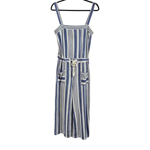 ❤️Copper Key Square Neck Striped Wide Leg Blue And White Cropped Jumpsuit - Picture 1 of 7